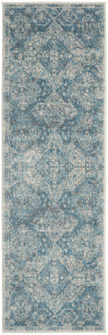7' Ivory and Light Blue Geometric Distressed Runner Rug
