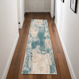 8' Teal and Ivory Abstract Non Skid Runner Rug