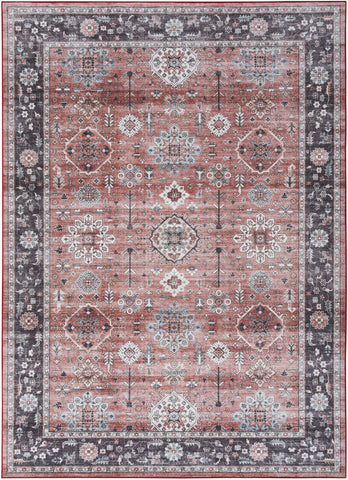 8' X 10' Black and Red Floral Distressed Non Skid Area Rug
