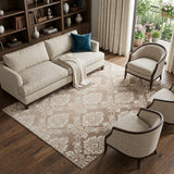 8' X 10' Ivory and Tan Damask Distressed Non Skid Area Rug