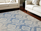 8' X 10' Ivory and Blue Damask Distressed Non Skid Area Rug