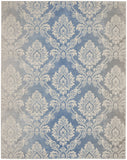 8' X 10' Ivory and Blue Damask Distressed Non Skid Area Rug