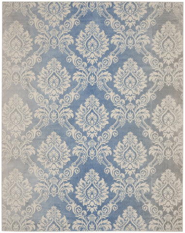 8' X 10' Ivory and Blue Damask Distressed Non Skid Area Rug