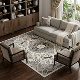 8' X 10' Ivory Black and Gray Floral Non Skid Area Rug