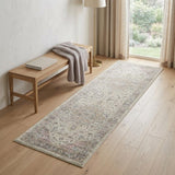 7' Ivory Pink And Gray Floral Medallion Distressed Runner Rug