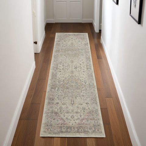 7' Ivory Pink And Gray Floral Medallion Distressed Runner Rug