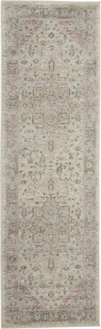 7' Ivory Pink And Gray Floral Medallion Distressed Runner Rug