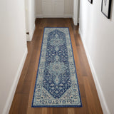 7' Ivory And Navy Blue Floral Medallion Distressed Runner Rug