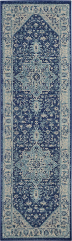 7' Ivory And Navy Blue Floral Medallion Distressed Runner Rug