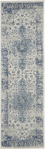7' Ivory And Light Blue Floral Medallion Distressed Runner Rug
