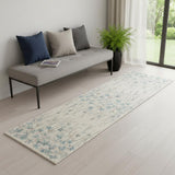 7' Ivory And Blue Floral Vines Runner Rug