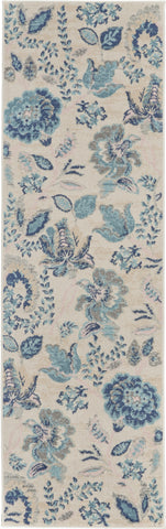 7' Ivory Navy Blue And Light Blue Floral Runner Rug