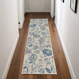 7' Ivory Navy Blue And Light Blue Floral Runner Rug