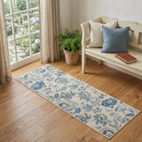 7' Ivory Navy Blue And Light Blue Floral Runner Rug