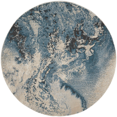 5' Teal and Ivory Abstract Non Skid Round Rug