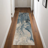 8' Ivory Teal Blue and Black Abstract Non Skid Runner Rug