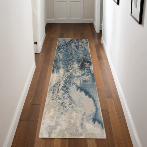 8' Ivory Teal Blue and Black Abstract Non Skid Runner Rug