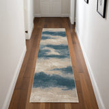 8' Teal Ivory And Gray Floral Medallion Runner Rug