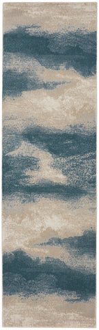 8' Teal Ivory And Gray Floral Medallion Runner Rug