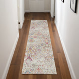 8' Ivory Red and Yellow Damask Distressed Runner Rug