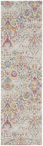 8' Ivory Red and Yellow Damask Distressed Runner Rug