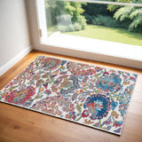 2' X 4' Ivory Red and Blue Floral Distressed Non Skid Area Rug