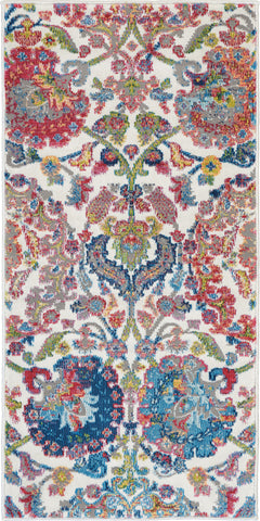 2' X 4' Ivory Red and Blue Floral Distressed Non Skid Area Rug