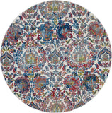 4' Ivory Blue and Yellow Floral Distressed Non Skid Round Rug