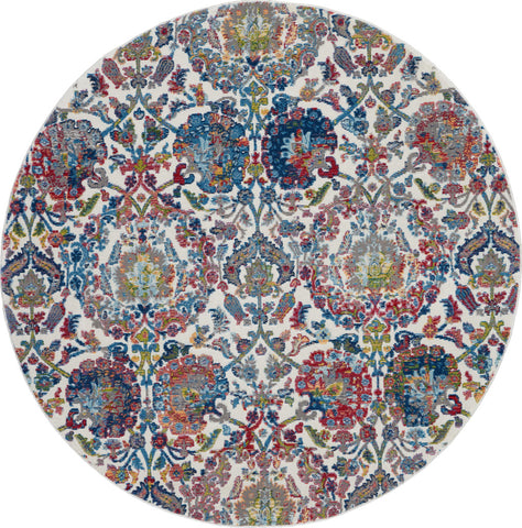 4' Ivory Blue and Yellow Floral Distressed Non Skid Round Rug
