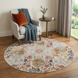 4' Orange and Ivory Floral Distressed Non Skid Round Rug