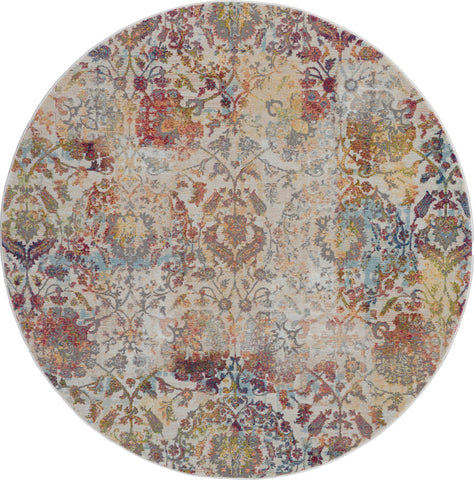 4' Orange and Ivory Floral Distressed Non Skid Round Rug