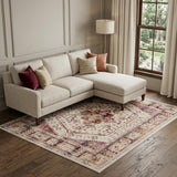 8' X 10' Ivory Red And Orange Floral Distressed Non Skid Area Rug