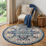 4' Ivory and Orange Floral Medallion Distressed Non Skid Round Rug