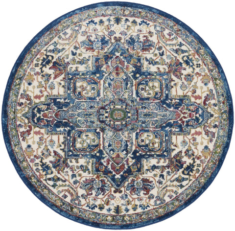 4' Ivory and Orange Floral Medallion Distressed Non Skid Round Rug