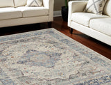 8' X 10' Ivory Blue And Orange Floral Medallion Distressed Non Skid Area Rug