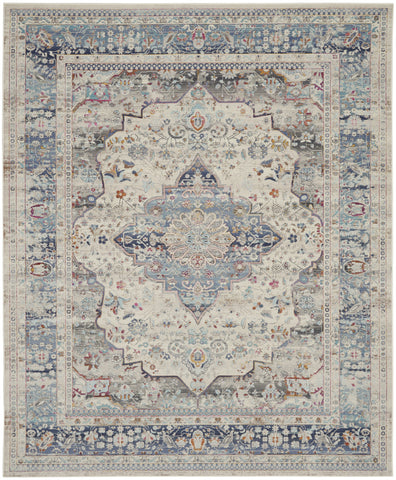 8' X 10' Ivory Blue And Orange Floral Medallion Distressed Non Skid Area Rug