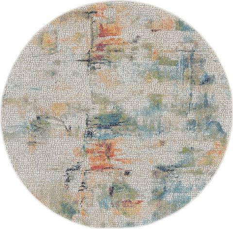 4' Ivory Blue and Orange Abstract Distressed Non Skid Round Rug