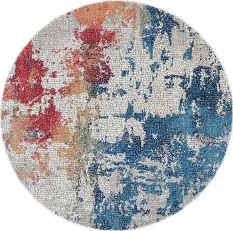 4' Ivory Red and Blue Abstract Distressed Non Skid Round Rug