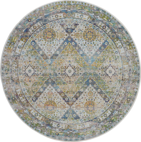 4' Ivory Blue and Green Floral Medallion Distressed Non Skid Round Rug