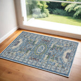 2' X 4' Ivory and Blue Geometric Distressed Non Skid Area Rug