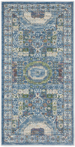2' X 4' Ivory and Blue Geometric Distressed Non Skid Area Rug