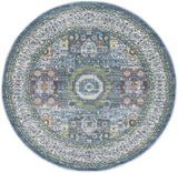 4' Ivory and Blue Geometric Distressed Non Skid Round Rug