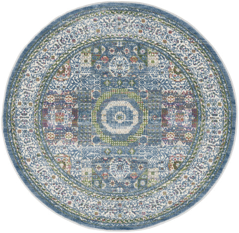 4' Ivory and Blue Geometric Distressed Non Skid Round Rug
