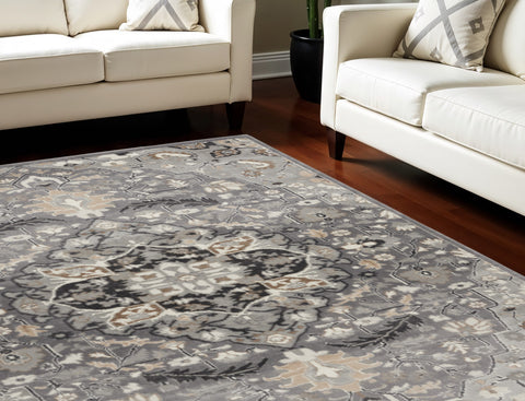 8' X 10' Gray and Black Floral Medallion Non Skid Area Rug
