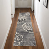 8' Ivory Black and Gray Floral Non Skid Runner Rug