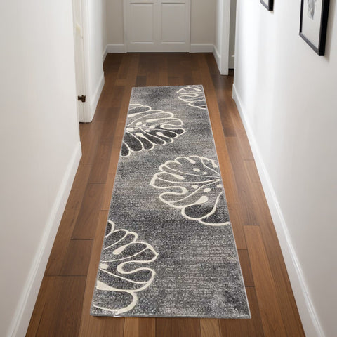 8' Ivory Black and Gray Floral Non Skid Runner Rug
