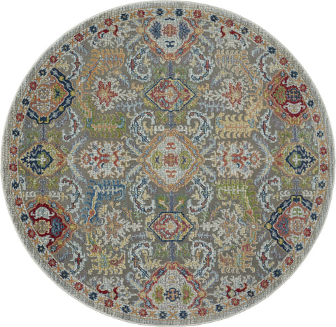 4' Ivory and Gray Floral Distressed Non Skid Round Rug