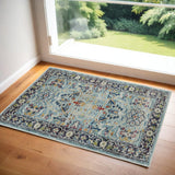 2' X 4' Teal Blue Orange and Black Floral Distressed Non Skid Area Rug