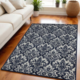 5' X 7' Navy Blue and Ivory Damask Distressed Area Rug
