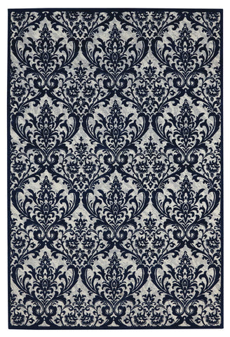 5' X 7' Navy Blue and Ivory Damask Distressed Area Rug